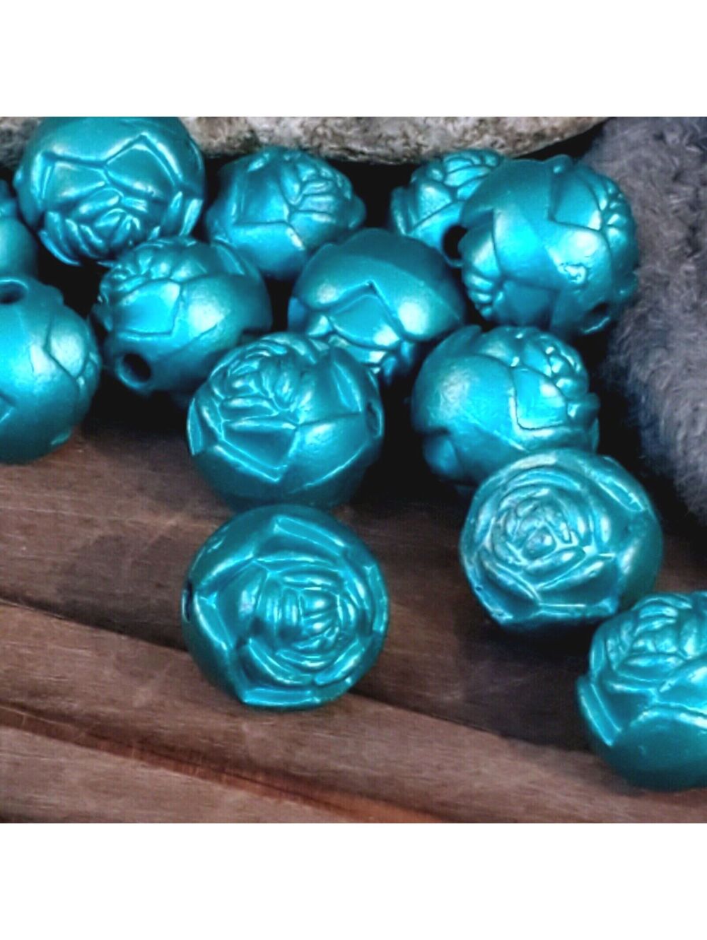 Vintage Retro Turquoise Blue Satin Rosebud Flower 14mm Round Acrylic Beads 10 pc